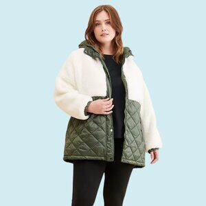 Sanctuary Mix Media Coat Women's XL Green Ivory Sherpa Quilted Hooded Jacket NWT